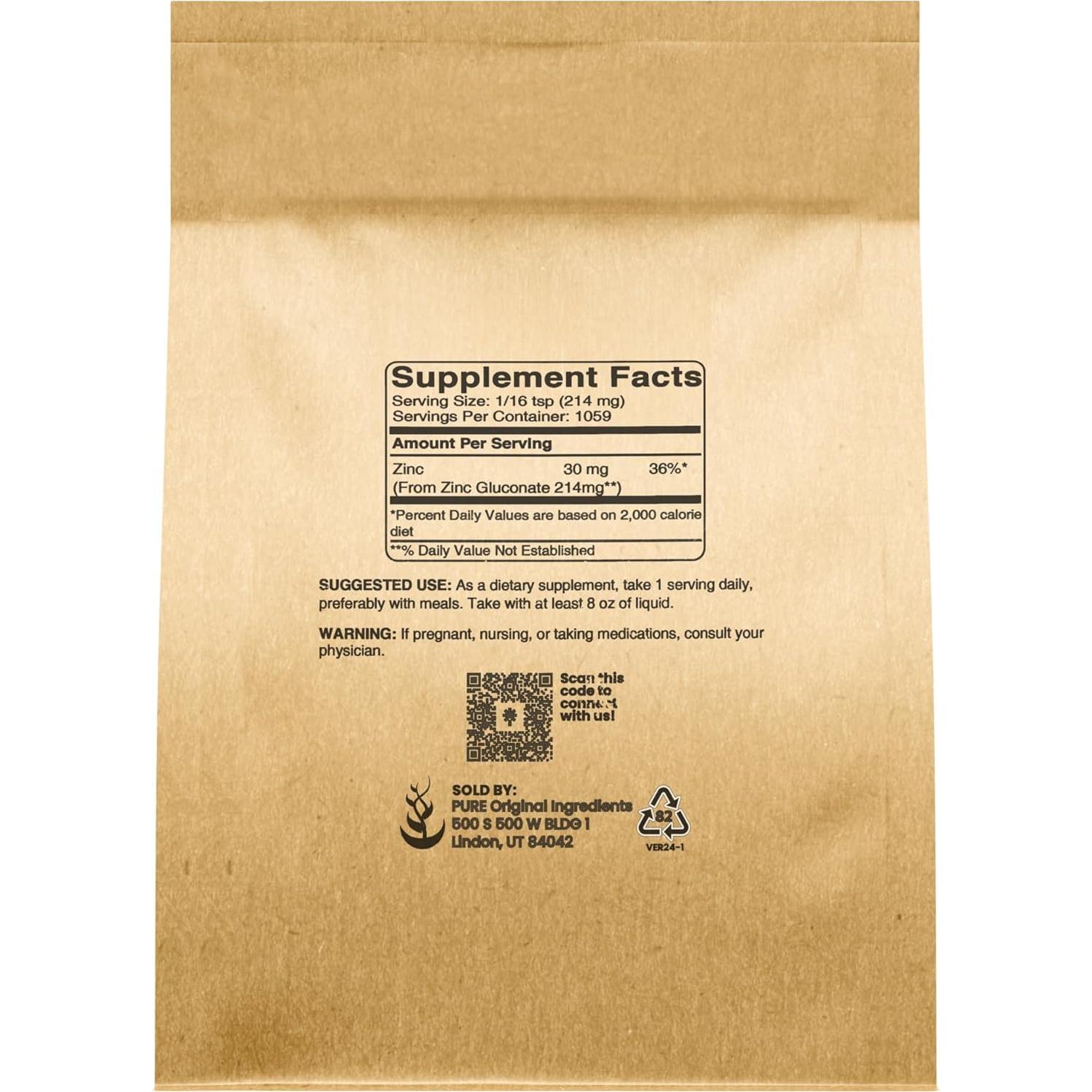 Gluconato de Zinc 227g Ingredientes Originales Puros Suplemento