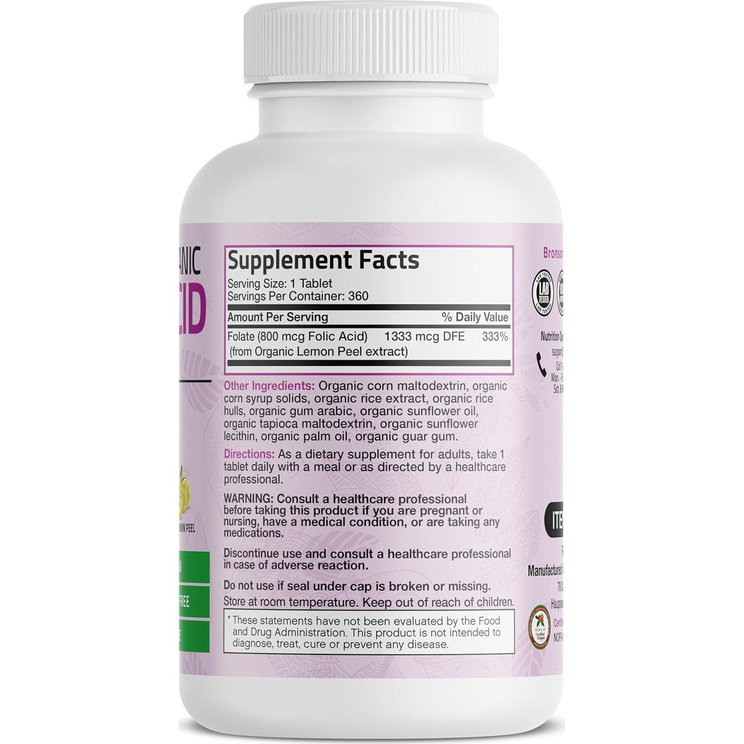Ácido Fólico Orgánico Bronson 800 mcg 360 Tabletas