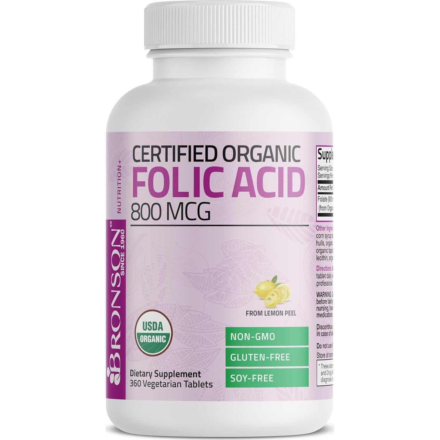 Ácido Fólico Orgánico Bronson 800 mcg 360 Tabletas