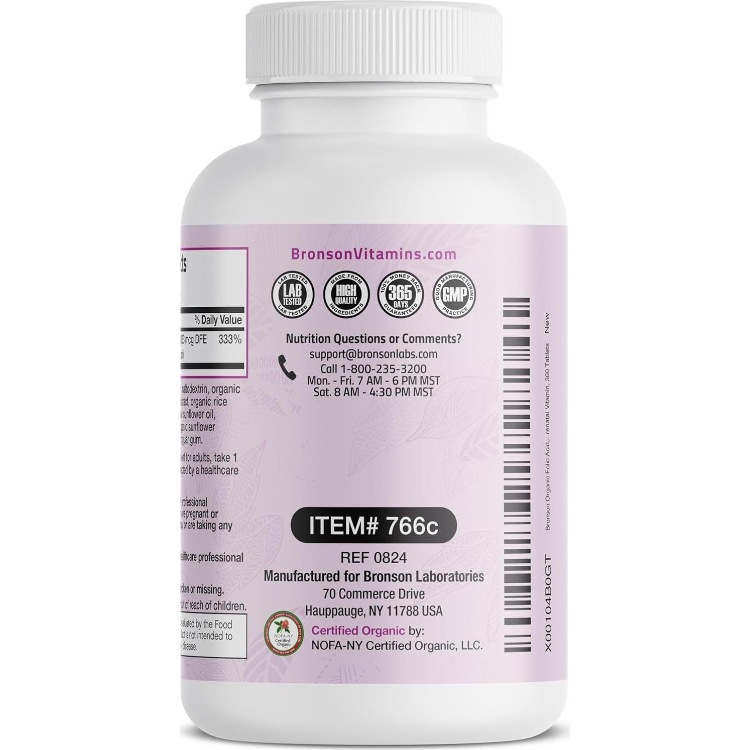 Ácido Fólico Orgánico Bronson 800 mcg 360 Tabletas