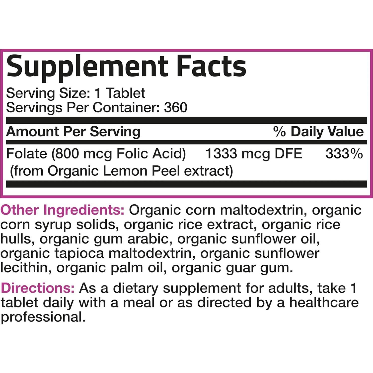Ácido Fólico Orgánico Bronson 800 mcg 360 Tabletas