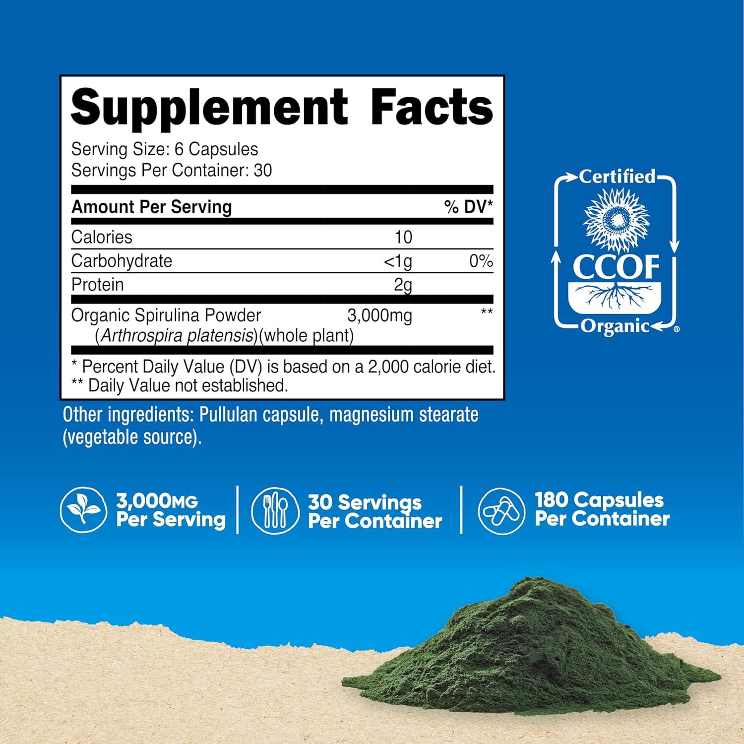 Espirulina Orgánica Nutricost 3000mg 180 Cápsulas Vegetariano