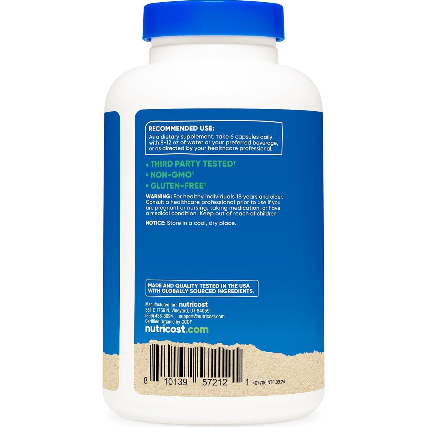 Espirulina Orgánica Nutricost 3000mg 180 Cápsulas Vegetariano