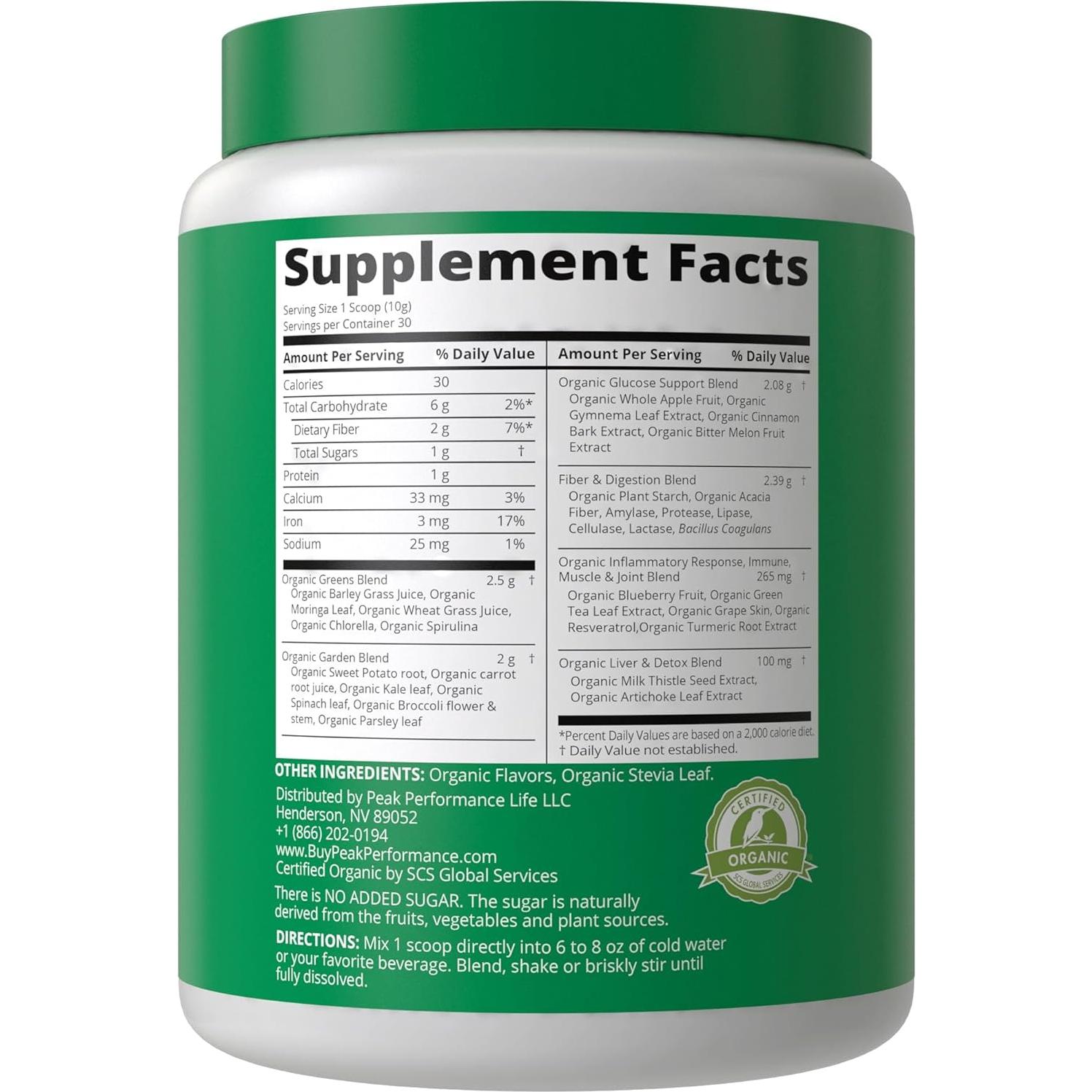 Polvo Superalimento Verde Orgánico Peak Performance 299g