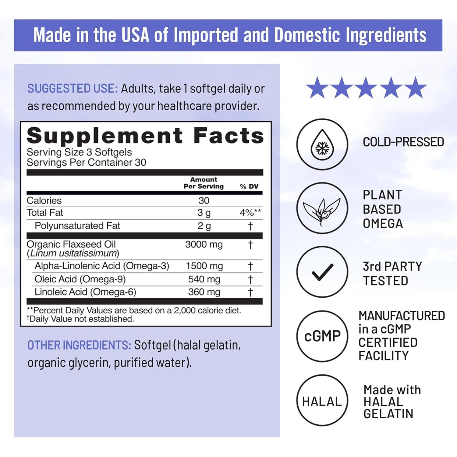 NatureWise Aceite de Semilla de Lino 3000 mg Omega 3 ALA 90 Cápsulas