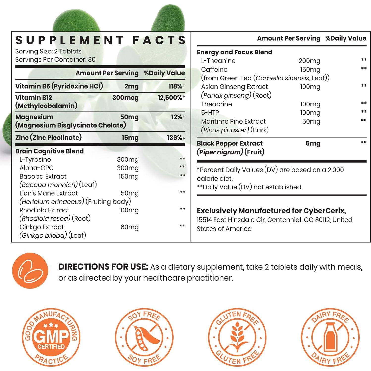 Suplemento Nootrópico CyberCerix 17-en-1 para Memoria 60 Tabletas