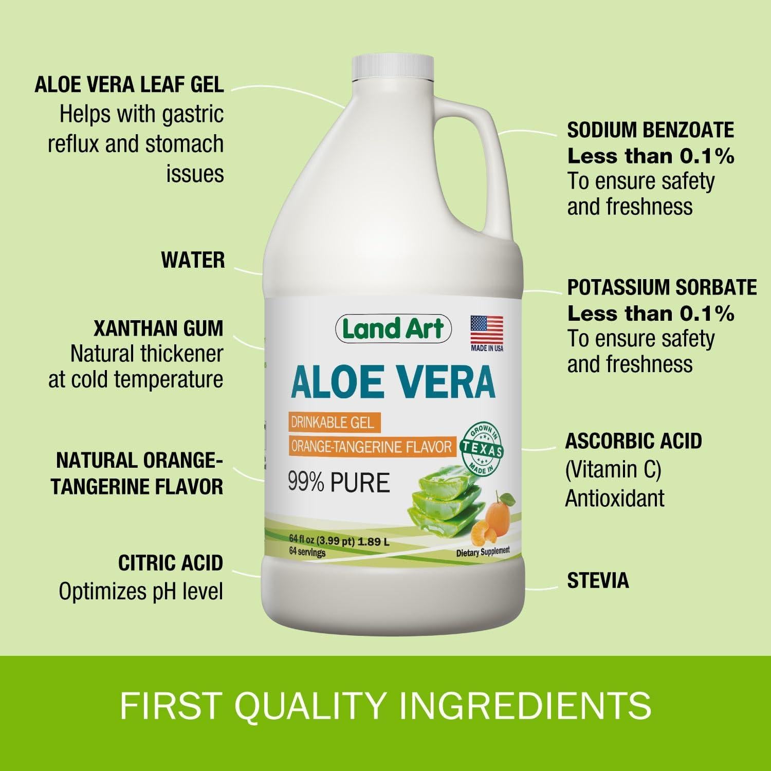 Gel Bebible de Aloe Vera Puro Land Art 1.89 L Sabor Naranja y Mandarina