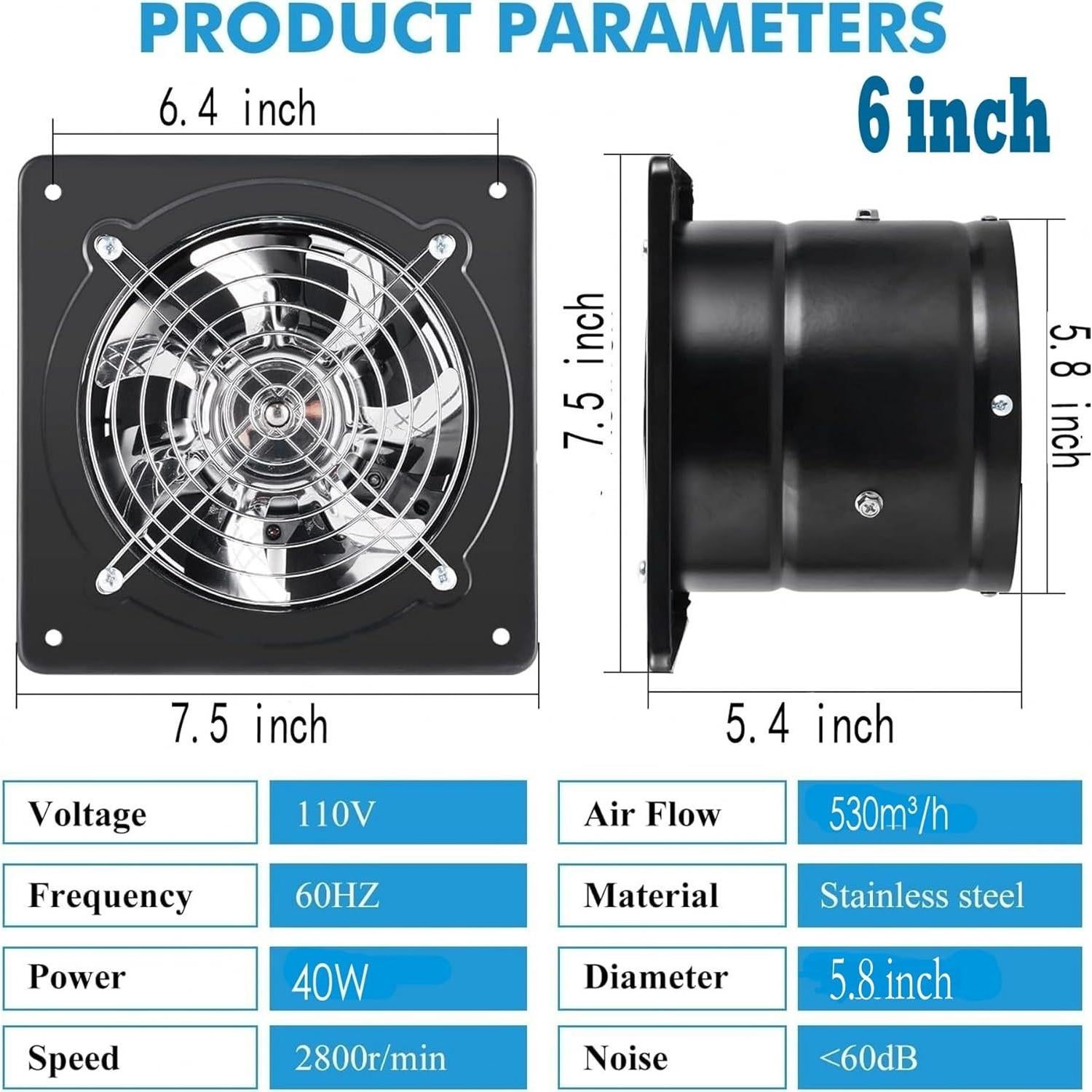 Ventilador de Escape Aydomer 40W 6" Pared Negro Eficiente