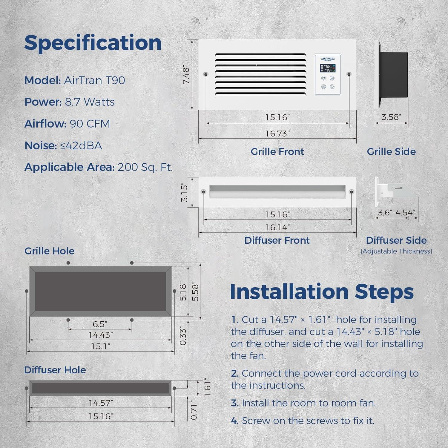 Ventilador de Escape ALORAIR AirTran T90, 90 CFM, Blanco