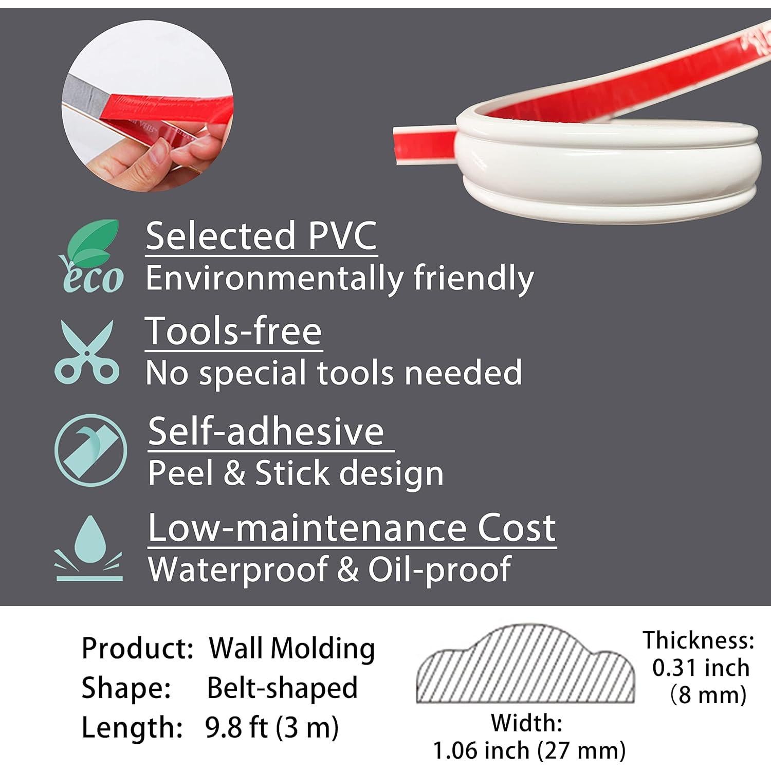 Moldura de Pared Autoadhesiva Gaahing 3m x 2.7cm PVC Blanco