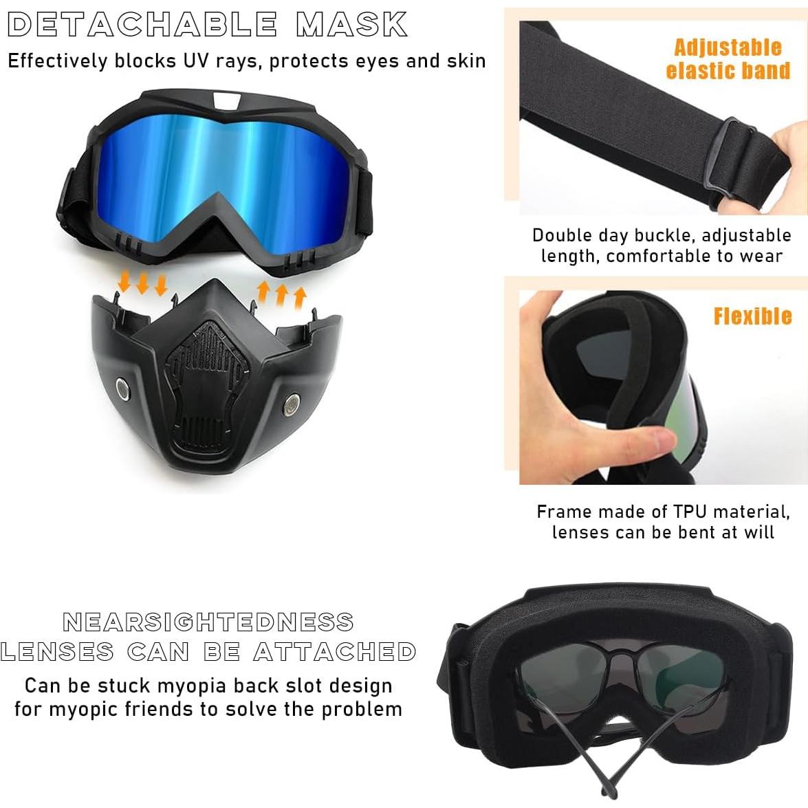 Gafas de Motocicleta Povtii con Máscara Facial Removible