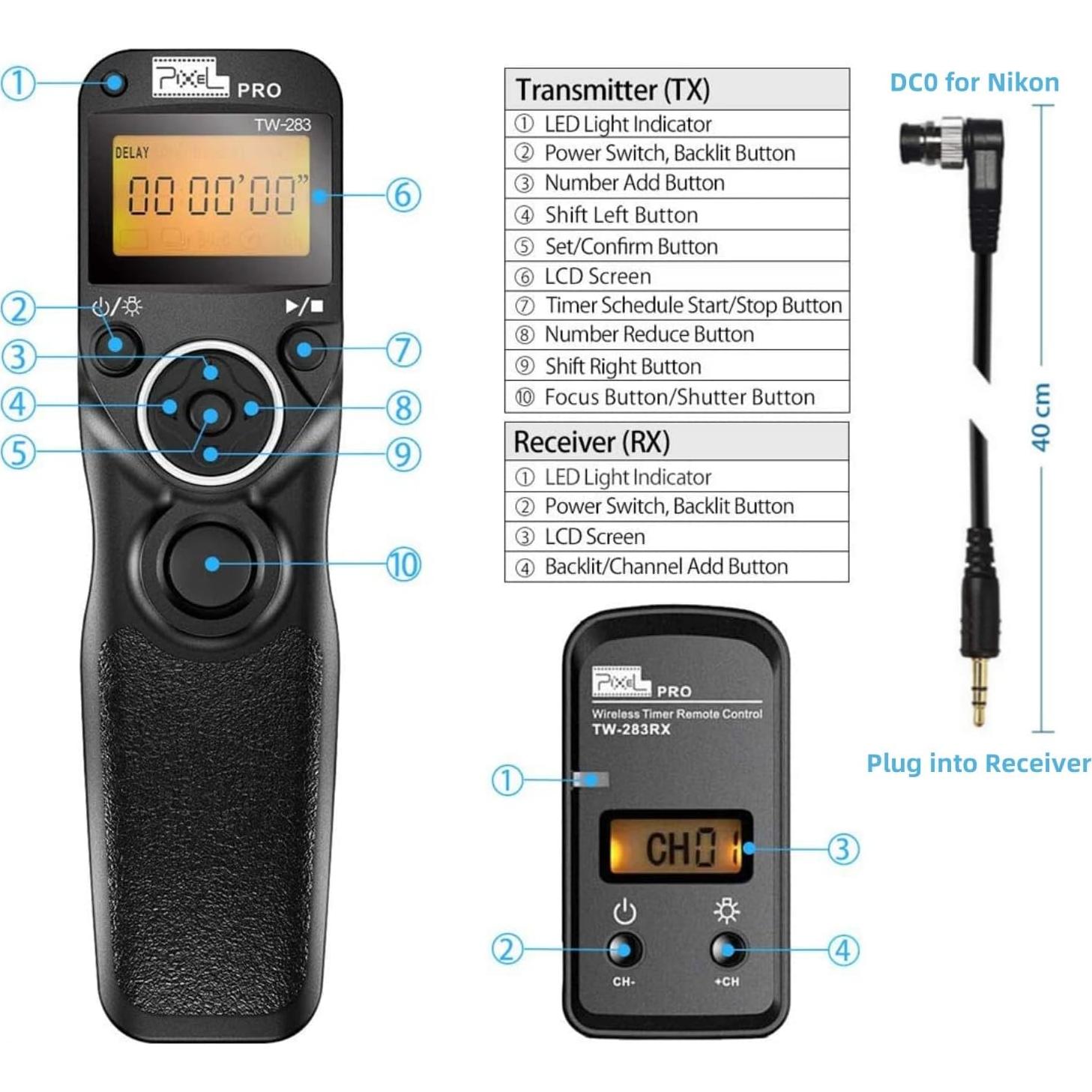 Control Remoto Inalámbrico Pixel TW283-DC0 para Nikon