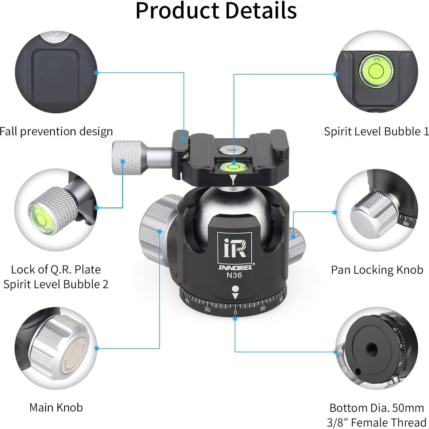 Cabezal de Bola INNOREL N36 para Trípode y Monopie, Carga 20kg