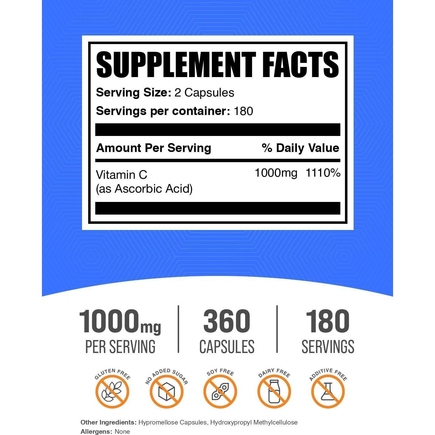 Cápsulas de Vitamina C 1000mg BulkSupplements - 360 Conteo
