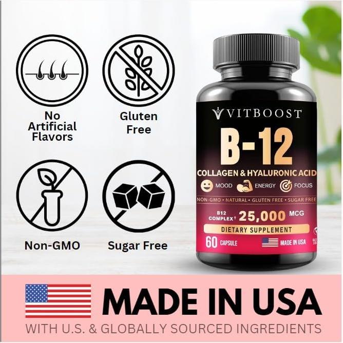 Suplemento B12 Metilcobalamina 25000 mcg + Colágeno 60 Cápsulas