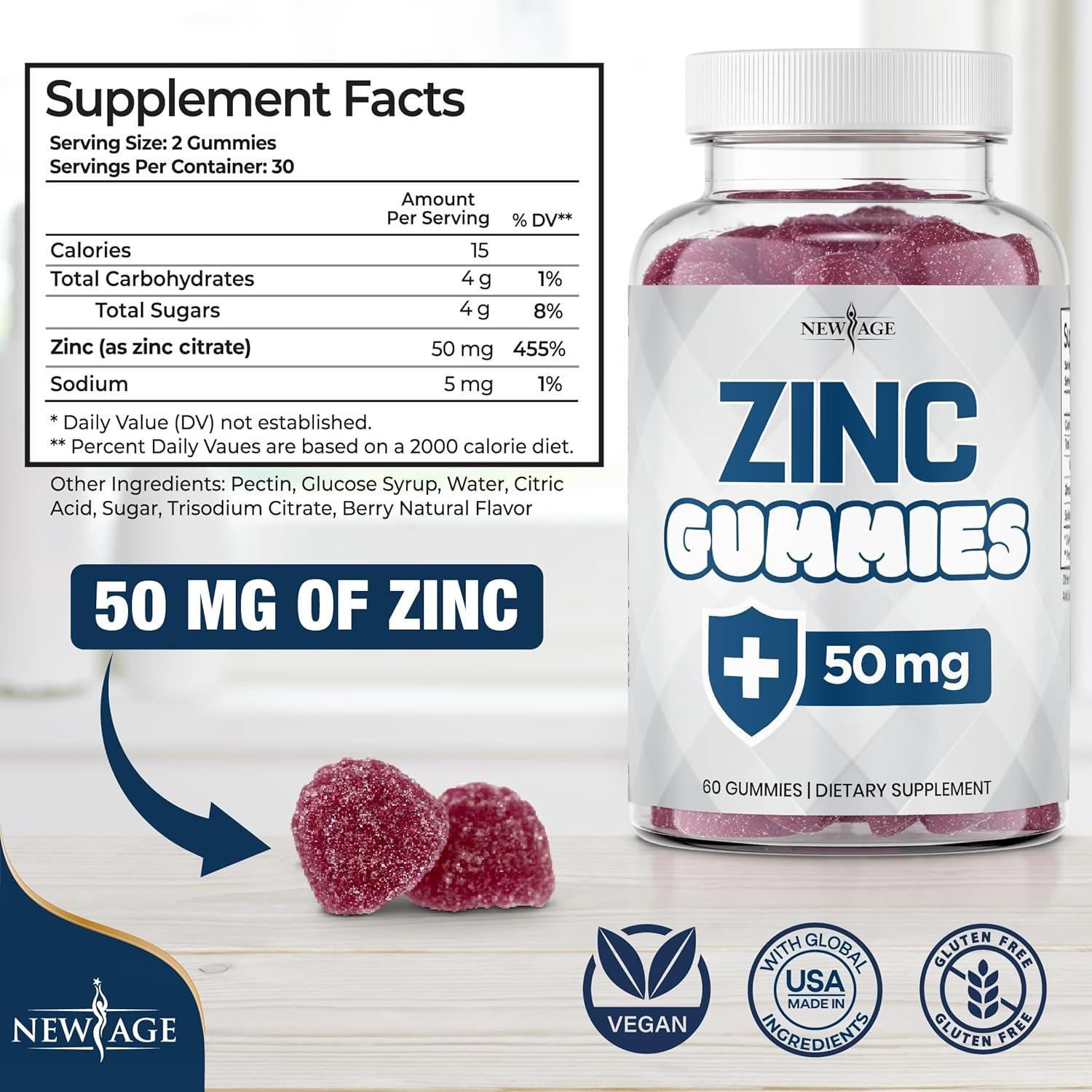 Gomitas de Zinc New Age 50mg - Suplemento Inmunológico 60 Unidades