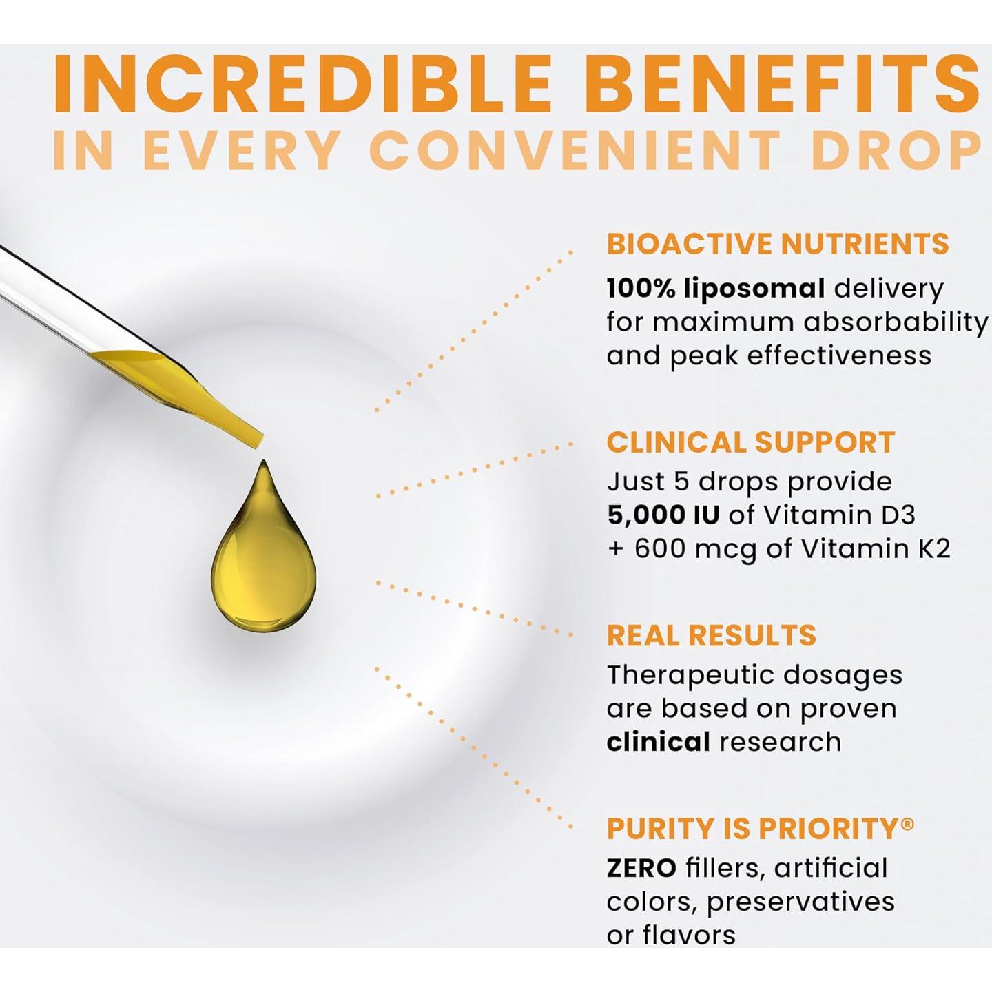 Suplemento Vitamina D3 5000 UI + K2 600 mcg Liposomal 10ml