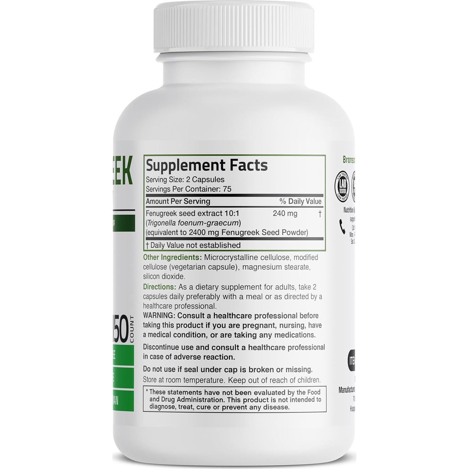 Cápsulas de Fenogreco Bronson Extra Fuerte 2400mg 150 Unidades