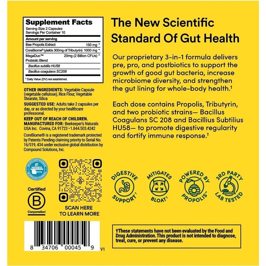 Salud Digestiva Completa Beekeeper's Naturals 20 Cápsulas