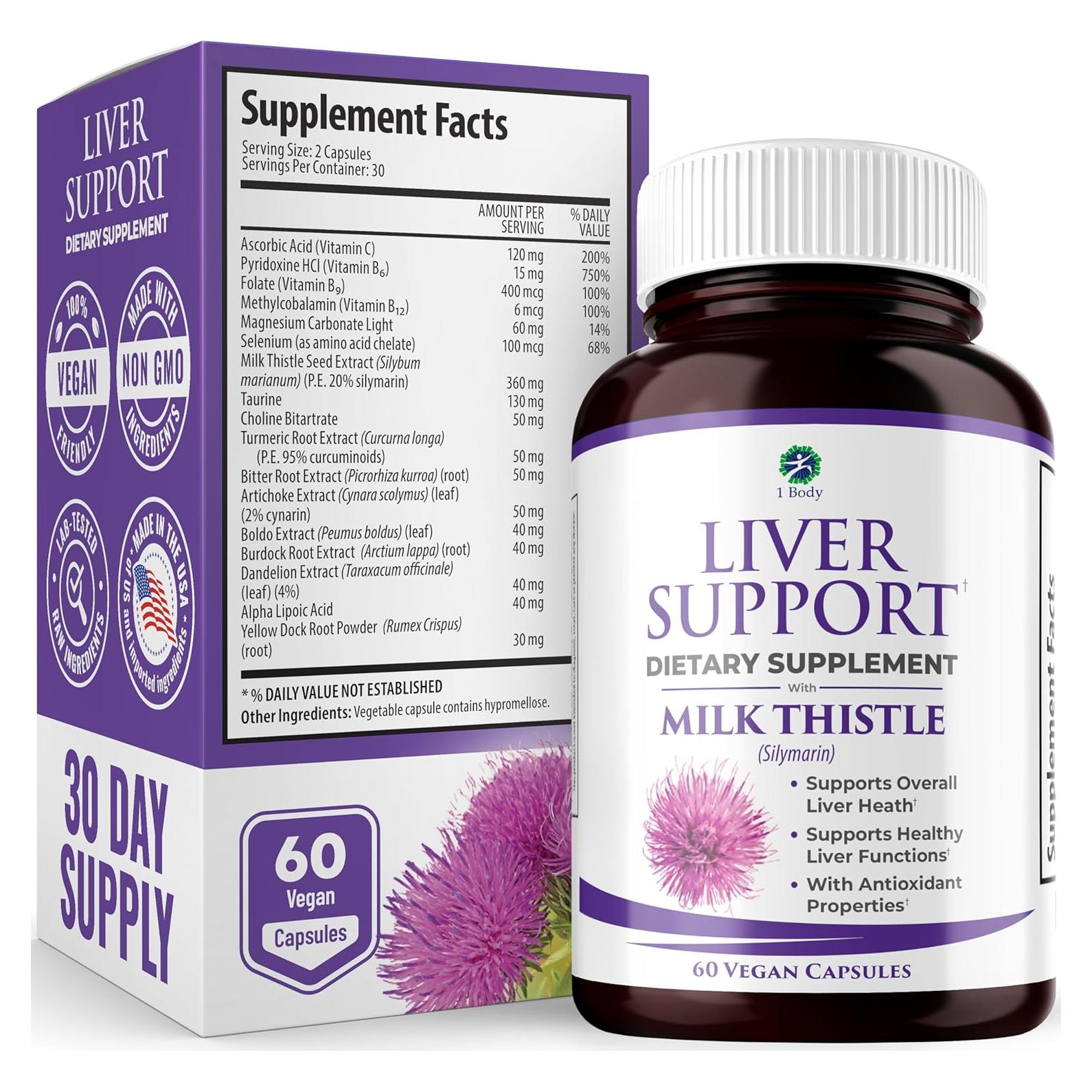 Suplemento Detox Hepático 1 Cuerpo - Cardo Mariano y Cúrcuma - 60 Cápsulas