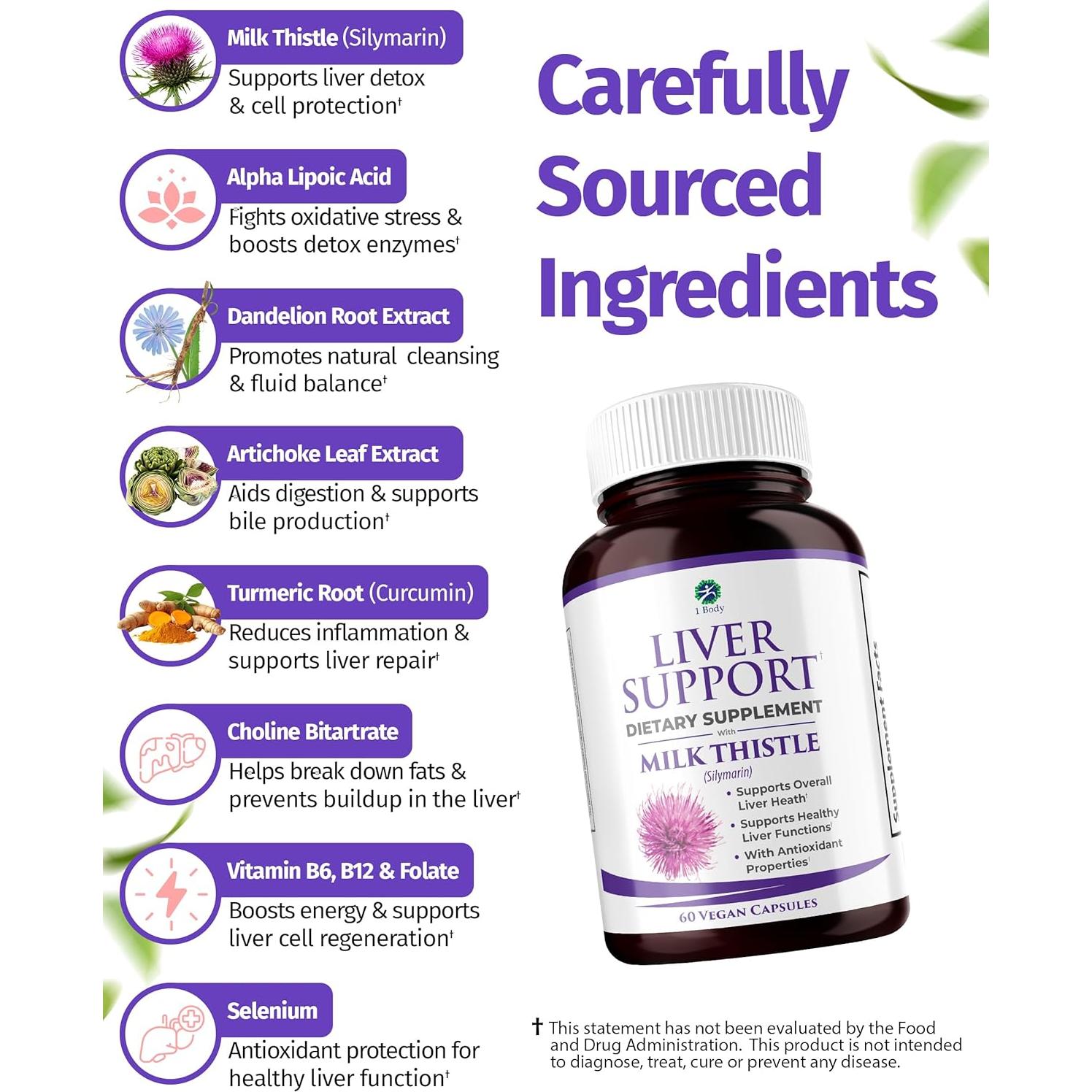 Suplemento Detox Hepático 1 Cuerpo - Cardo Mariano y Cúrcuma - 60 Cápsulas