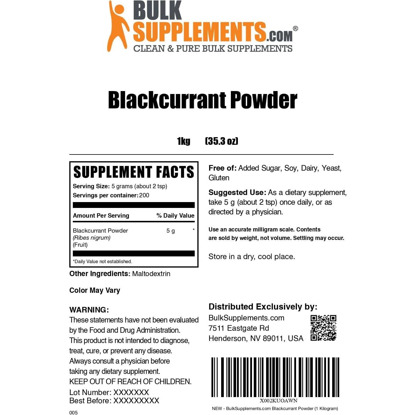 Polvo de Grosella Negra BulkSupplements 1kg - Suplemento Natural