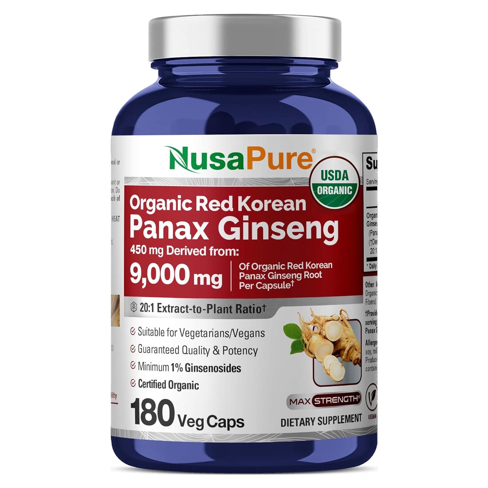 NusaPure Ginseng Panax Rojo Coreano 450 mg 180 Cápsulas Veganas