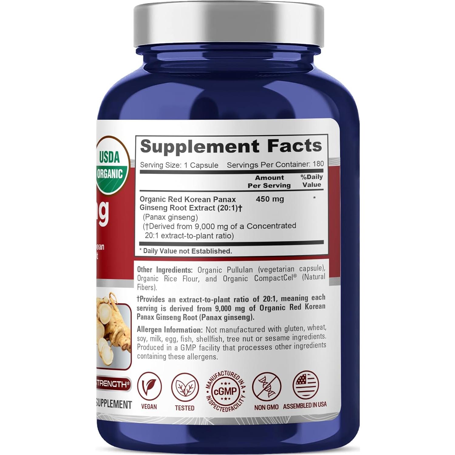 NusaPure Ginseng Panax Rojo Coreano 450 mg 180 Cápsulas Veganas