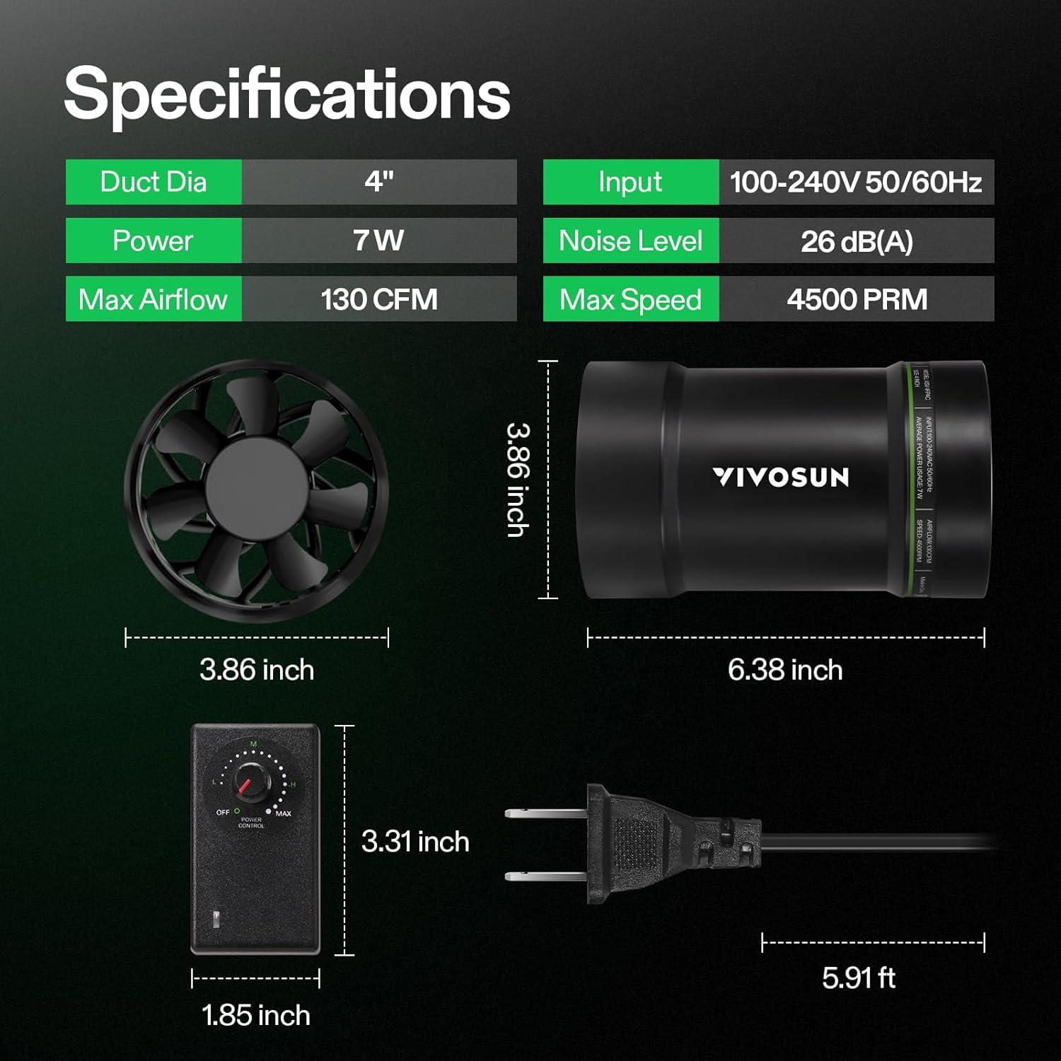 Ventilador de Conducto Aumentador VIVOSUN 4" Silencioso 130 CFM