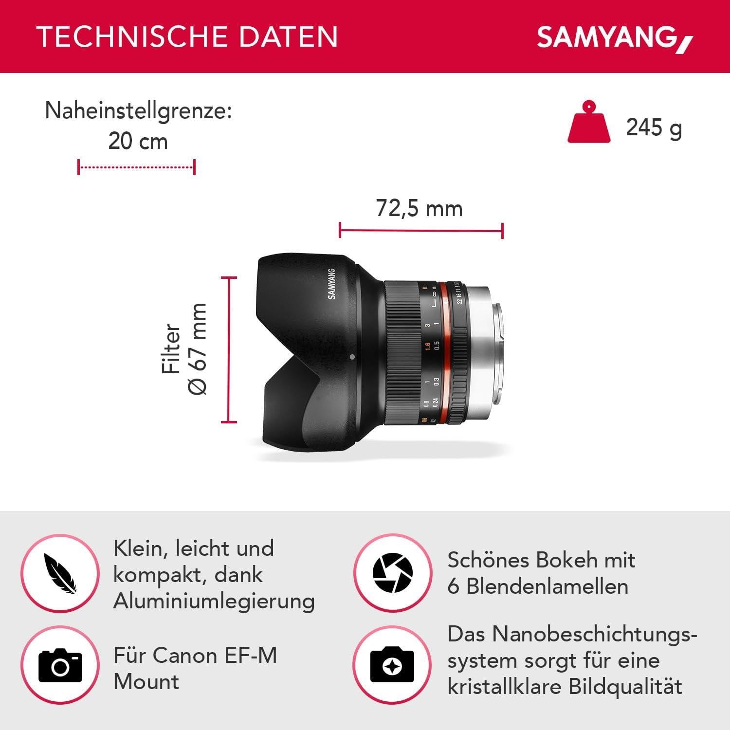 Lente Samyang 12mm F2.0 Manual para Canon M - Negro