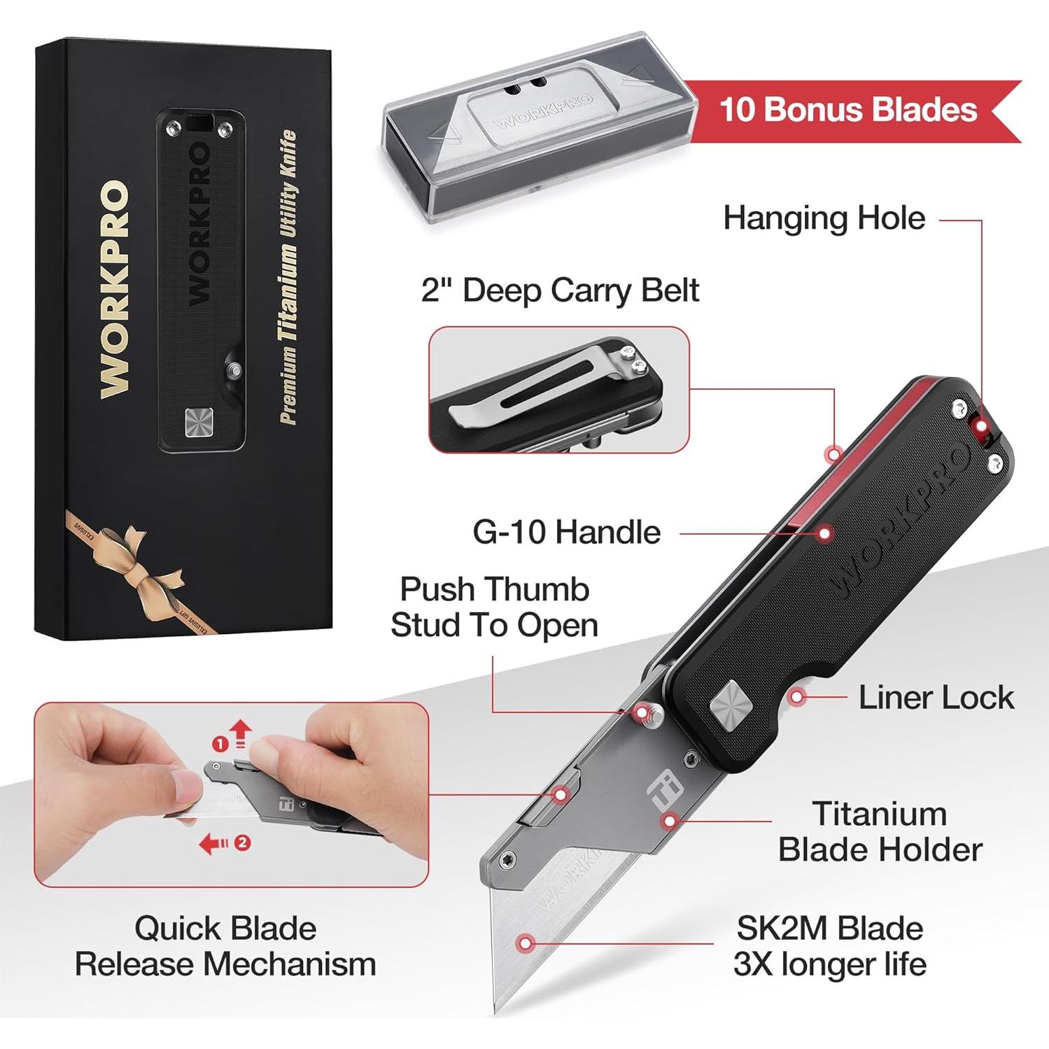 Cuchillo Utility Titanio WORKPRO G-10 Plegable 11.4 cm