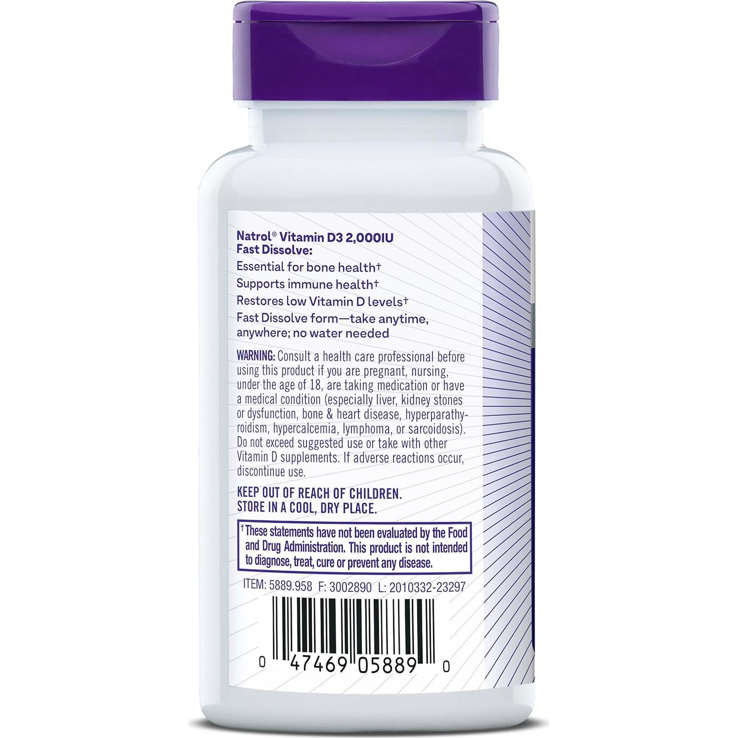 Suplemento Vitamina D3 2000 IU Natrol 90 Tabletas Rápido Disolverse