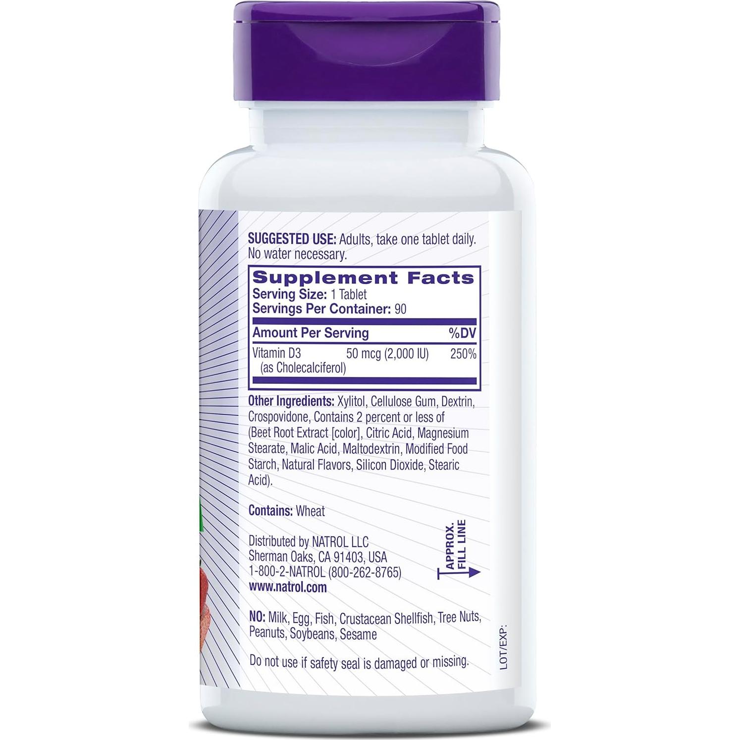 Suplemento Vitamina D3 2000 IU Natrol 90 Tabletas Rápido Disolverse