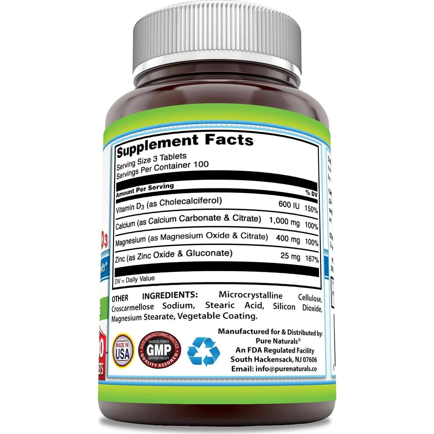 Suplemento Calcio Magnesio Zinc Vitamina D3 Pure Naturals 150 Tabletas
