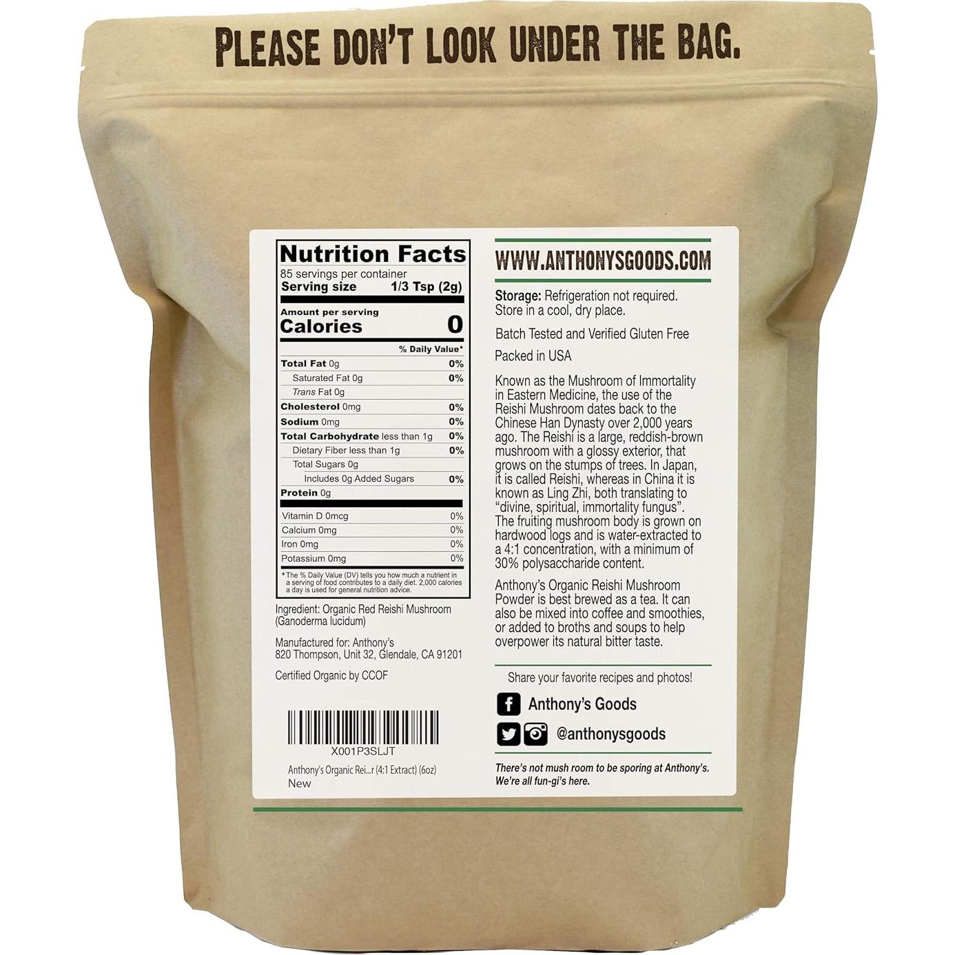 Extracto en polvo de hongo Reishi rojo orgánico Anthony 170 g