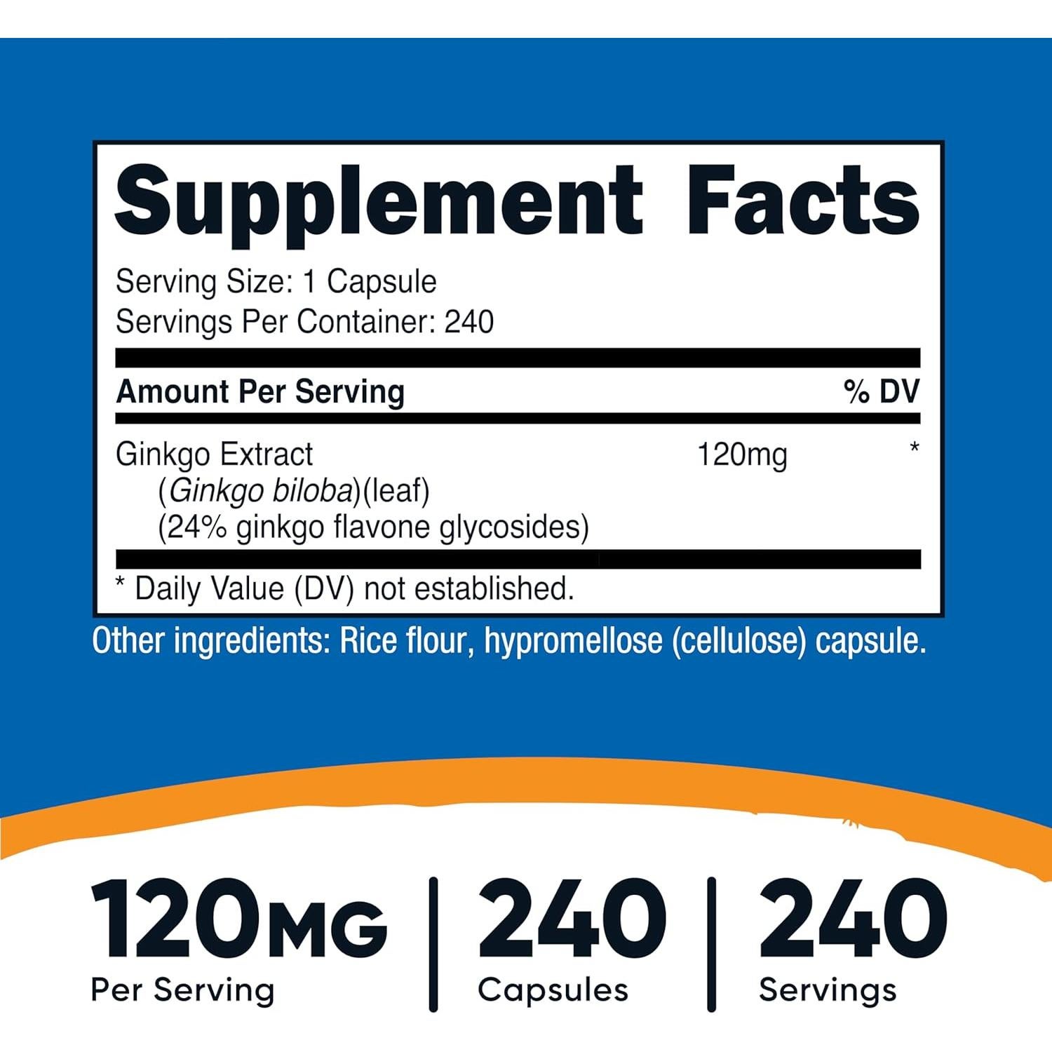 Suplemento Ginkgo Biloba Nutricost 120mg 240 Cápsulas Sin Gluten