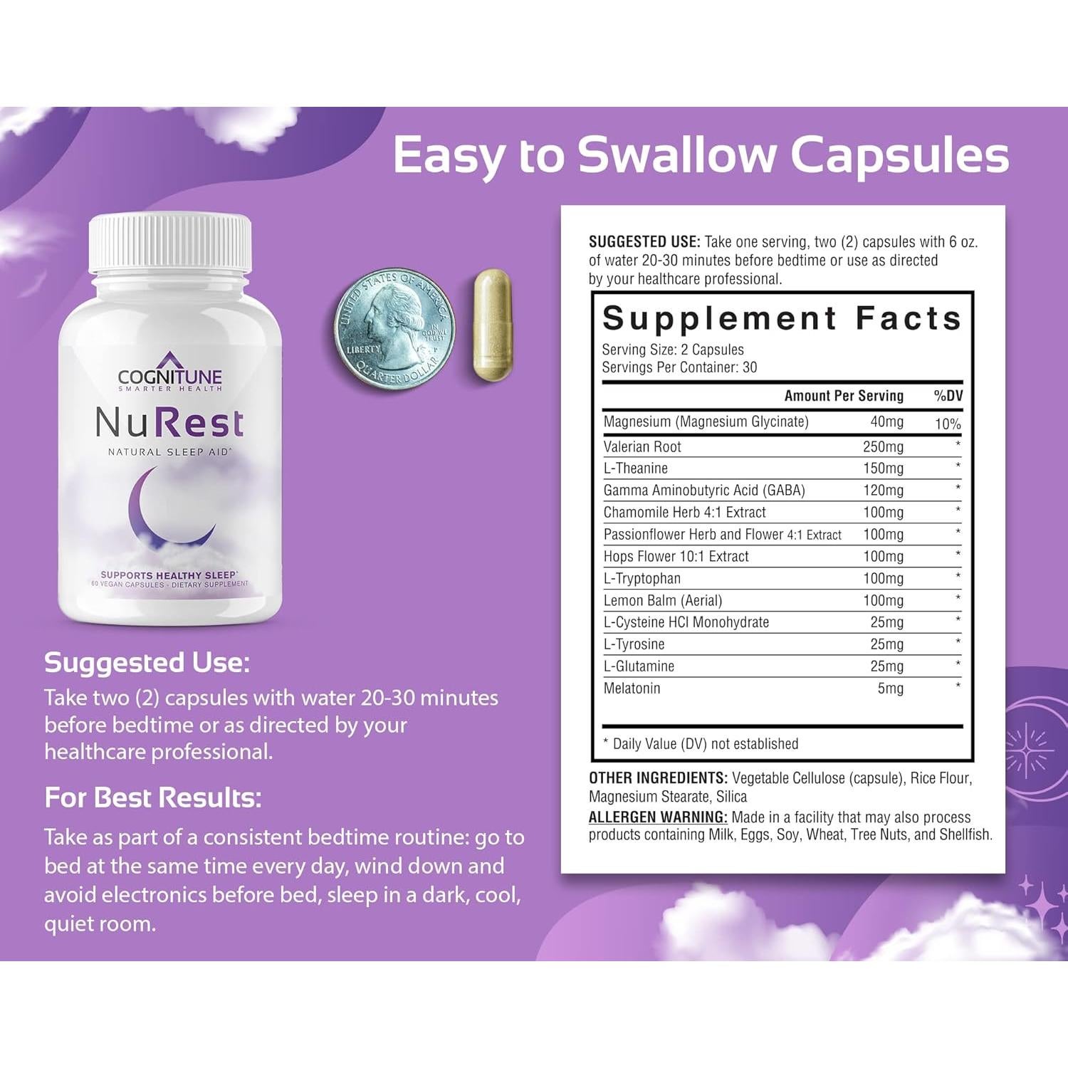 Suplemento Natural para Dormir CogniTune - 60 Cápsulas Sin Somnolencia