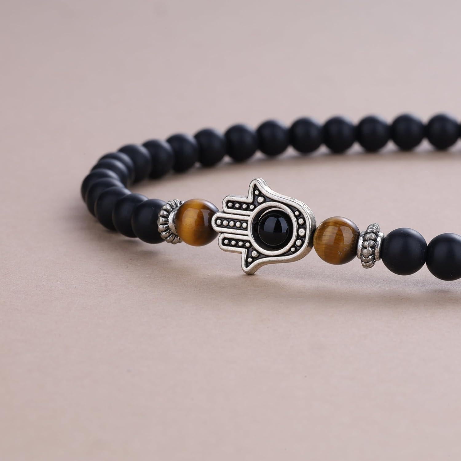 Pulsera Mala COAI 108 Cuentas de Ónix Mate y Hamsa