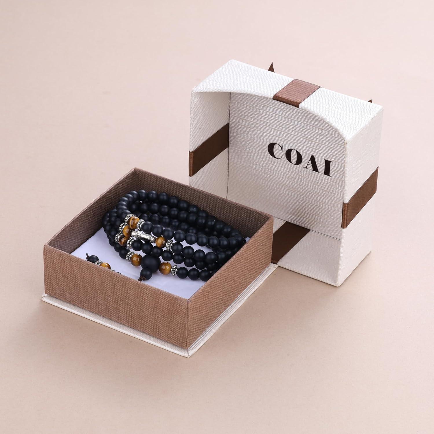 Pulsera Mala COAI 108 Cuentas de Ónix Mate y Hamsa