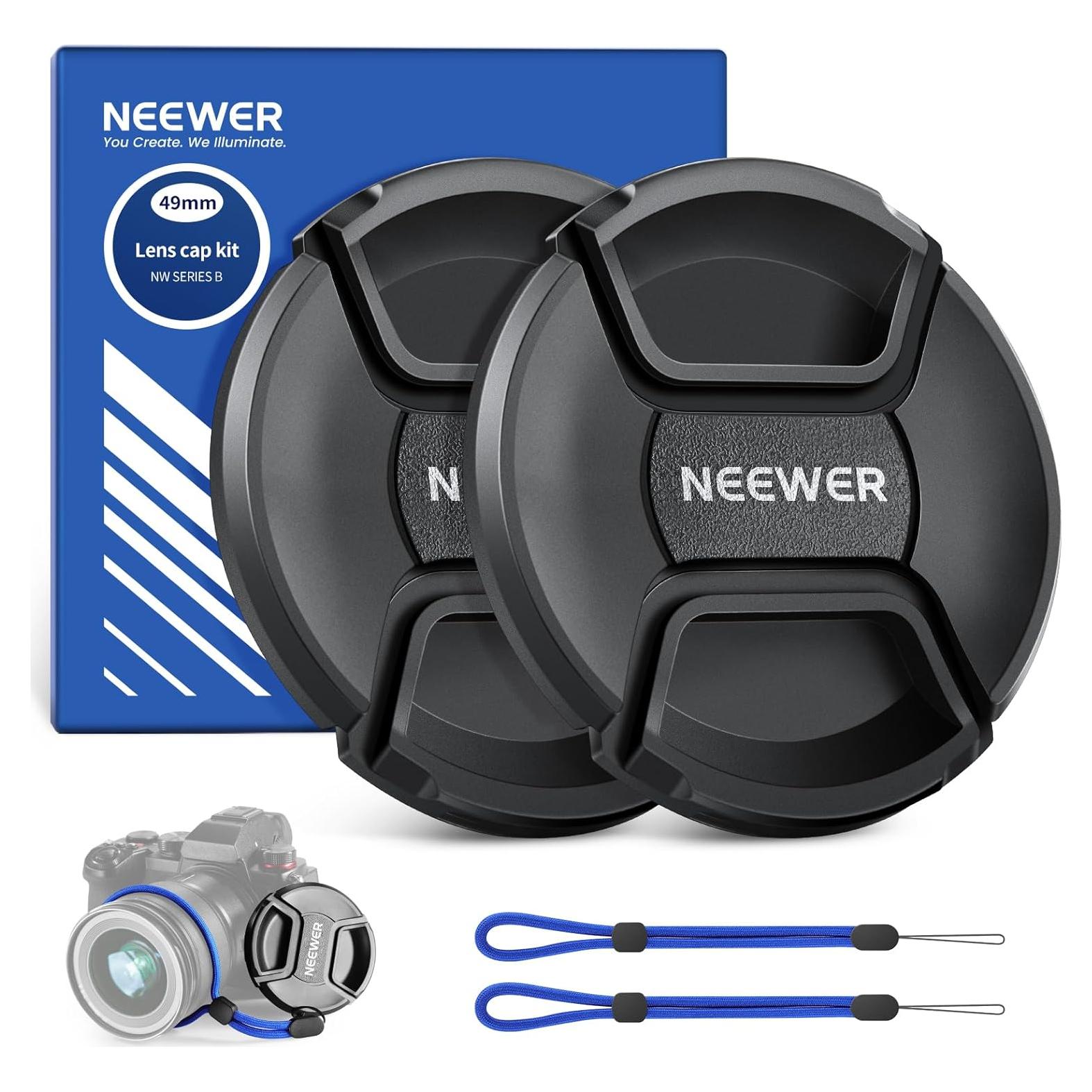 Kit de tapa de lente 49mm Neewer - 2 unidades con correa y paño
