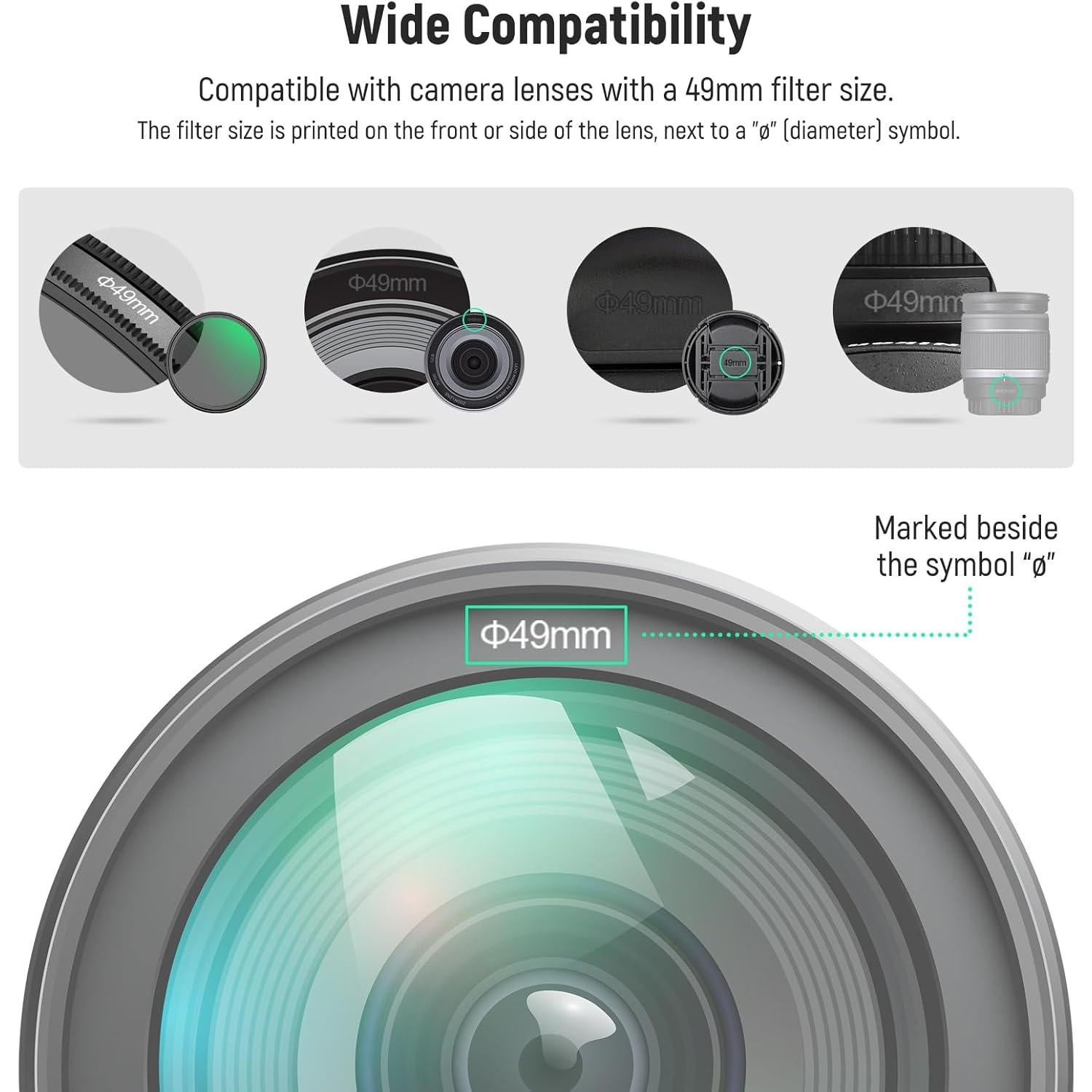 Kit de tapa de lente 49mm Neewer - 2 unidades con correa y paño