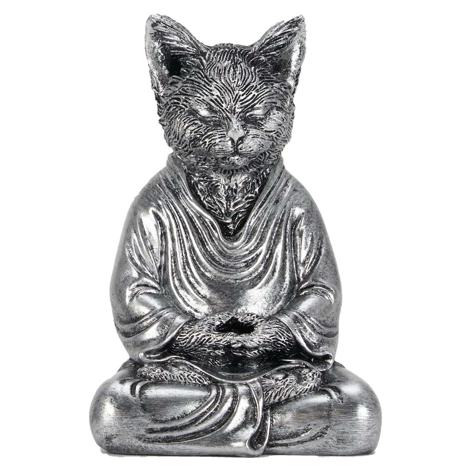 Estatua de Buda Gato Zen Plateada 17.78 cm - Decoración Espiritual
