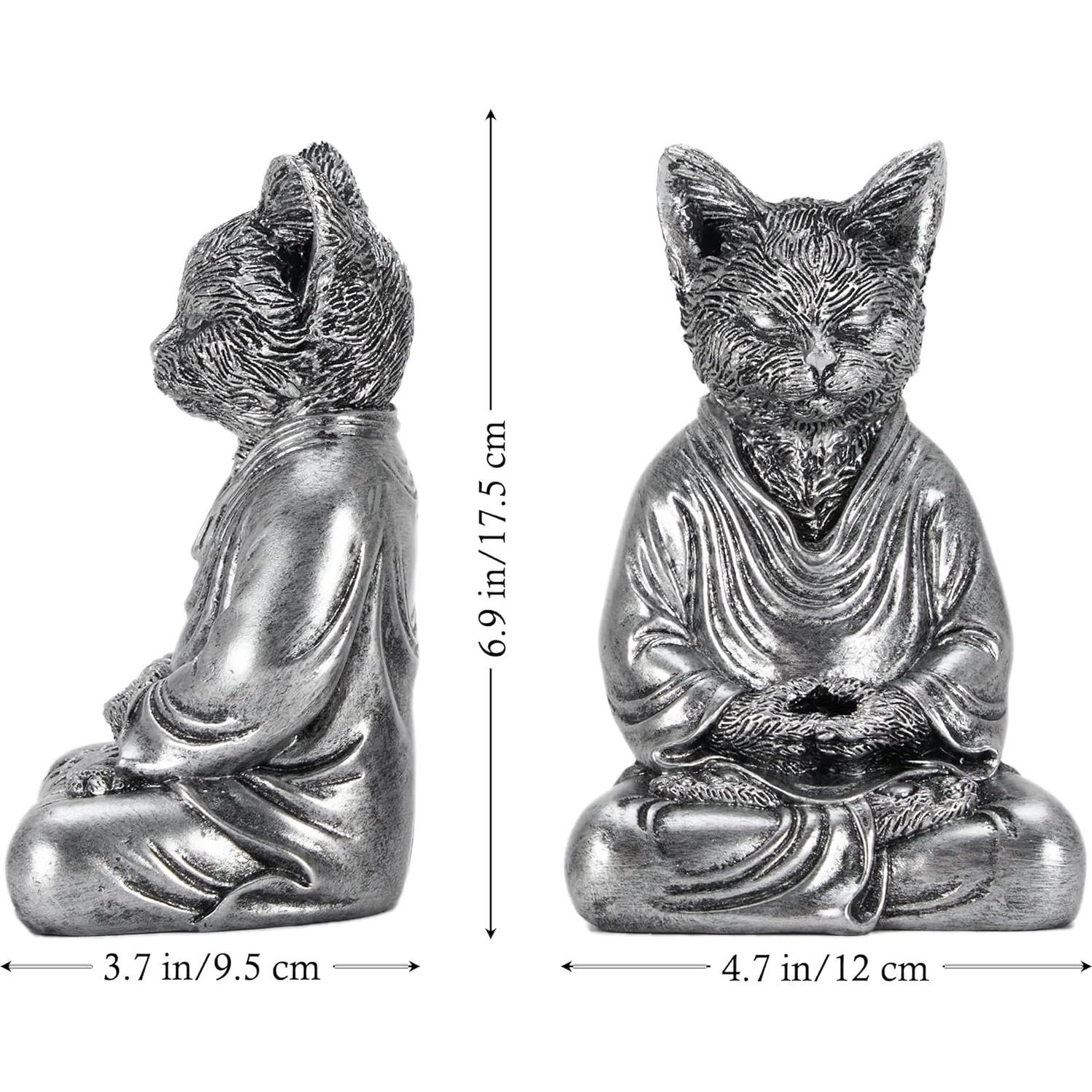 Estatua de Buda Gato Zen Plateada 17.78 cm - Decoración Espiritual