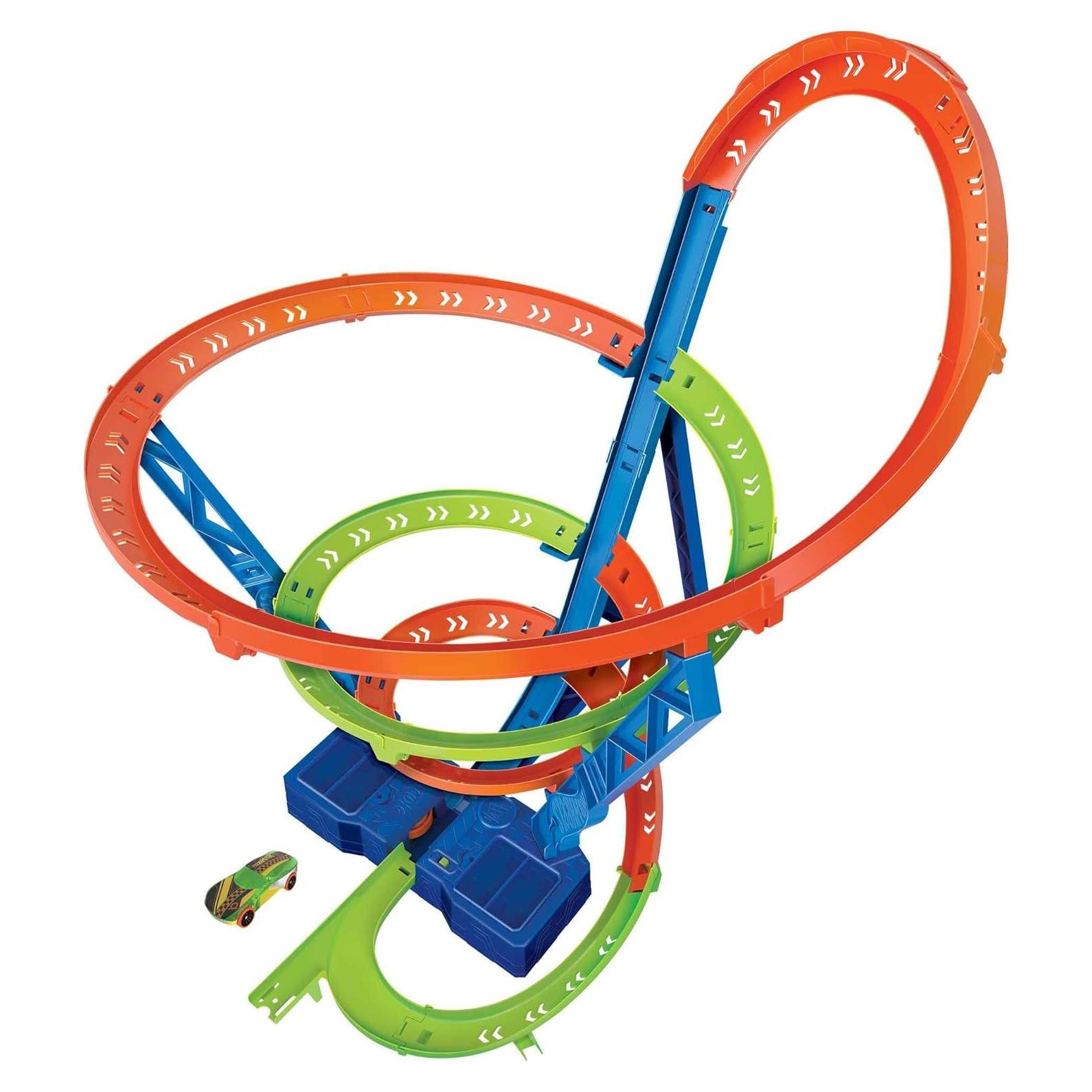 Toy Car Track Set Spiral Speed Crash, Powered by Motorized Booster, 29-in Tall Track with 1:64 Scale Car, Connects to Other Tracks