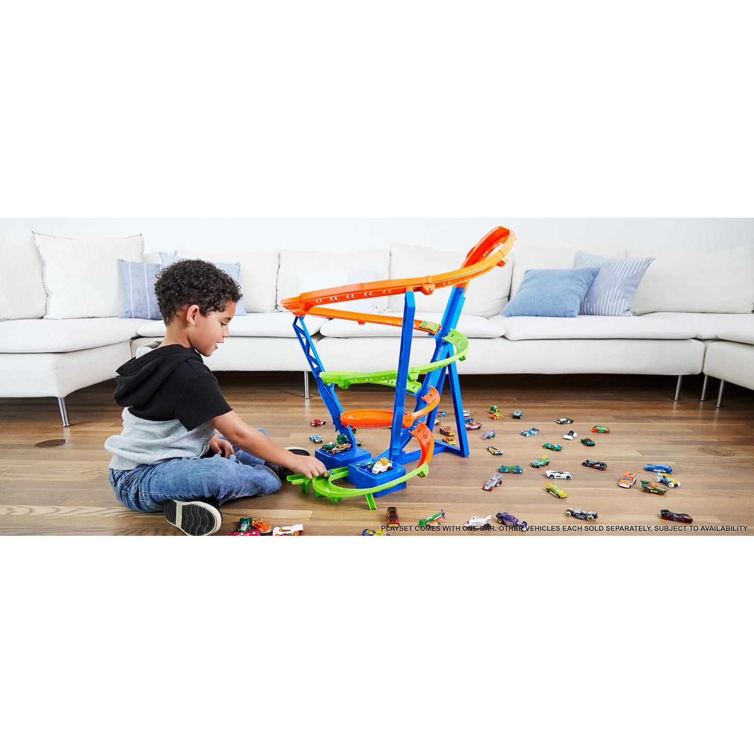 Toy Car Track Set Spiral Speed Crash, Powered by Motorized Booster, 29-in Tall Track with 1:64 Scale Car, Connects to Other Tracks