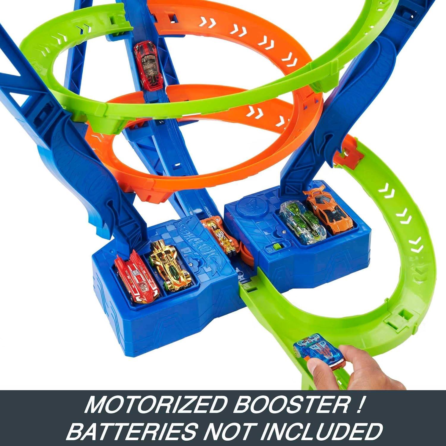 Toy Car Track Set Spiral Speed Crash, Powered by Motorized Booster, 29-in Tall Track with 1:64 Scale Car, Connects to Other Tracks