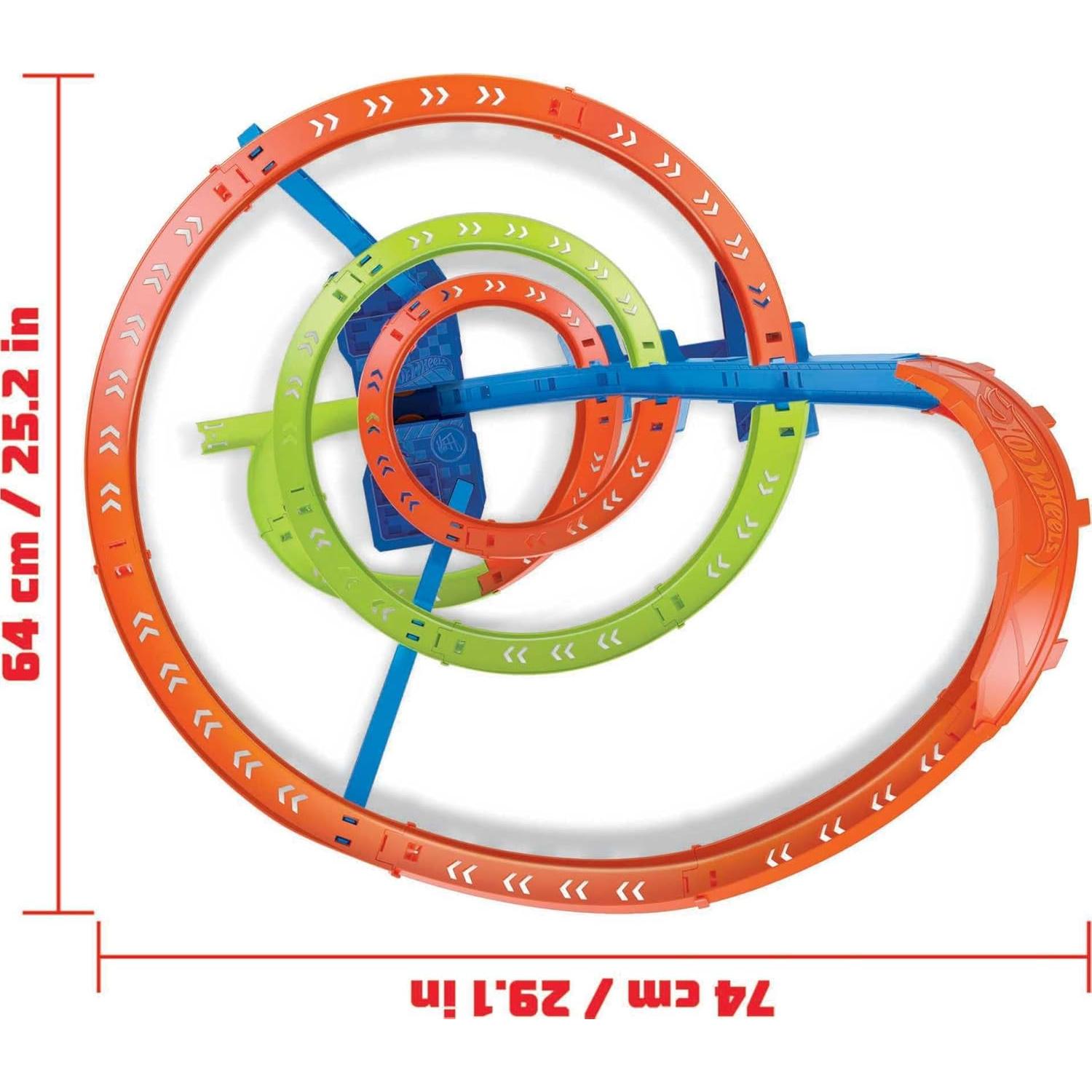 Toy Car Track Set Spiral Speed Crash, Powered by Motorized Booster, 29-in Tall Track with 1:64 Scale Car, Connects to Other Tracks