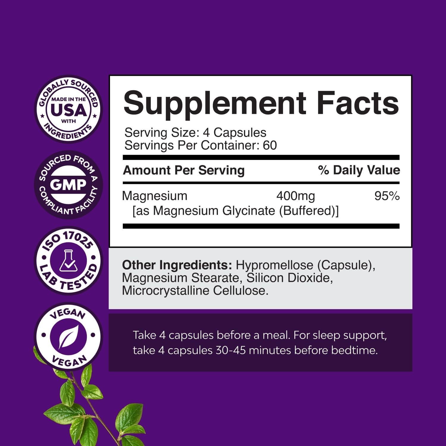 Suplemento de Glicinato de Magnesio Natures Craft 400mg - 240 Cápsulas Veganas