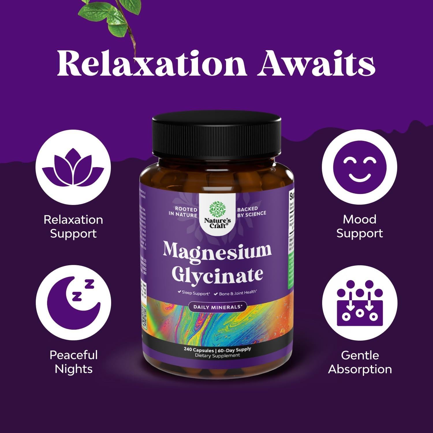 Suplemento de Glicinato de Magnesio Natures Craft 400mg - 240 Cápsulas Veganas