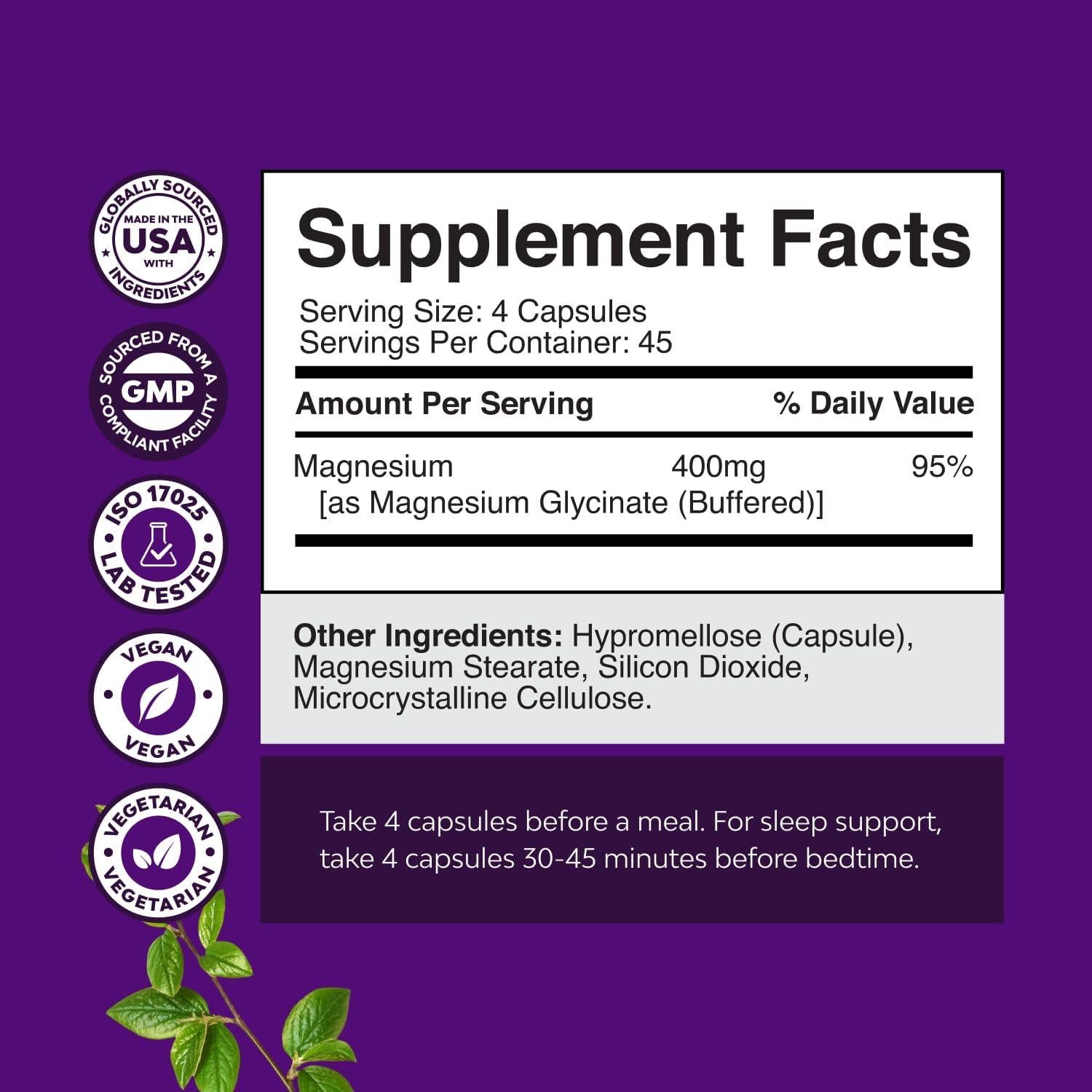 Suplemento de Glicinato de Magnesio Natures Craft 400mg - 180 Cápsulas Veganas